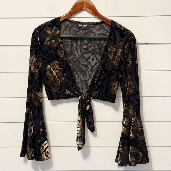 Wet Seal Tops - Wet Seal Black Y2K Sheer Burnout Floral Tie-Front Blouse w/ Bell Sleeves small